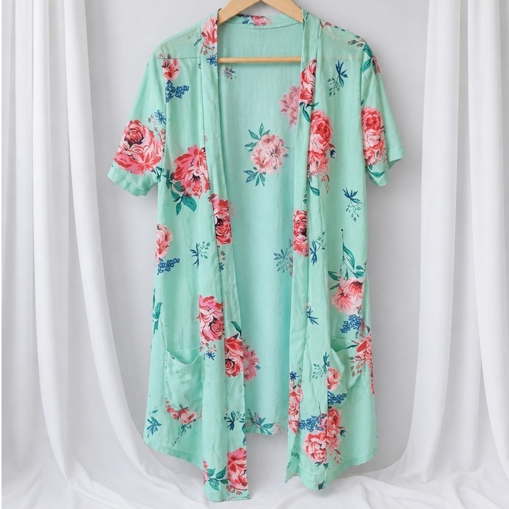 Womens Cardigan Small Aqua Teal Floral Lightweight Open Front Boho Pockets